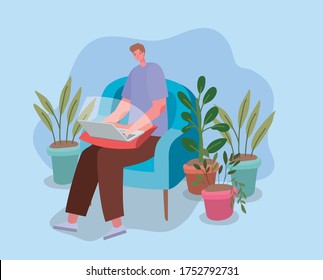 Man working with laptop on chair design of Stay at home theme Vector illustration