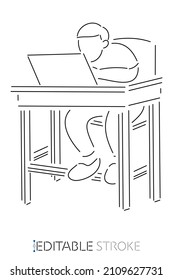 A man working with laptop on the desk. Vector line customizable isolated outline. Editable stroke.