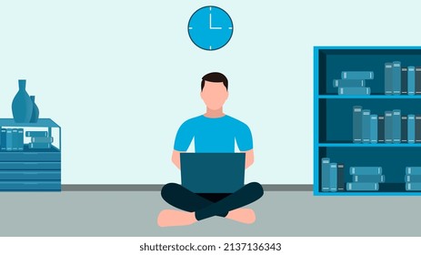 man working with laptop on her lap, work from home and flexible work hour character vector illustration.