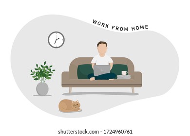 Mann arbeitet mit Laptop auf Sofa zu Hause. Arbeiten von zu Hause Konzept. Flachdesign Vektorgrafik.