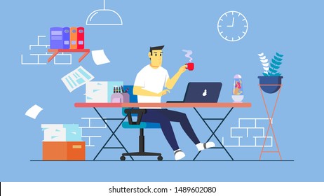Man working with laptop on the table holding coffee at home. Suitable element for freelancer, businessman, working from home, internet marketer etc