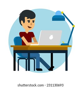 Man working with laptop on table. Flat design cartoon style