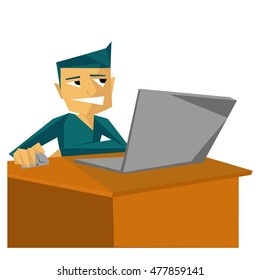 Man working with laptop on table. Designer flat design low poly illustration style