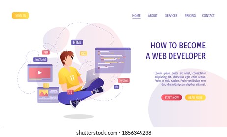 Man working with laptop on the website development. Website developer, Web agency, programmer and coder concept. Vector illustration for banner, presentation, advertising, poster.