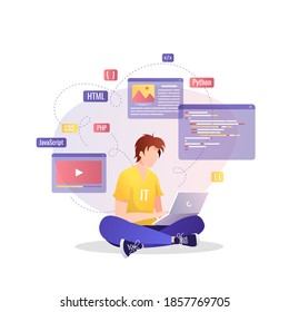Man working with laptop on the website development. Website developer, Web agency, programmer and coder concept. Vector illustration for banner, presentation, advertising, poster.