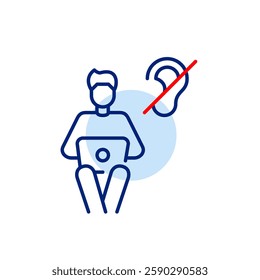 Man working at laptop online and ear crossed. Silent quiet mode, noise free focus mode. Hearing-impaired people accessibility. Pixel perfect, editable stroke vector icon