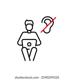 Man working at laptop online and ear crossed. Silent quiet mode, noise free focus mode. Hearing-impaired people accessibility. Pixel perfect, editable stroke vector icon