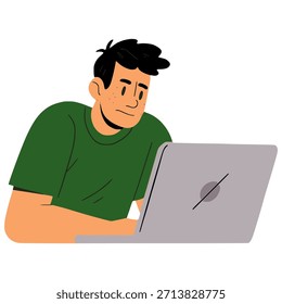 Hombre que trabaja con el diseño plano en línea de la Plantilla de la Ilustración vectorial del color del ordenador portátil