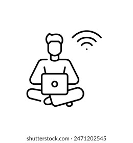 Man working at laptop in pajamas and wifi symbol. Remote connectivity. Flexibility and convenience of remote work