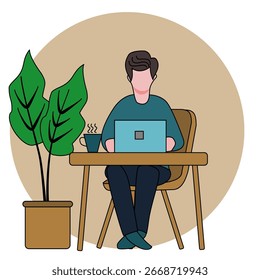 Man Working Laptop with Plant