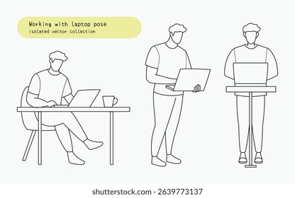Man working with laptop pose vector collection set. Vector doodle hand drawn of person working with computer sitting and standing. Simple and modern outline style 