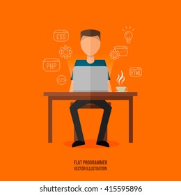 Man working with laptop . Programer working process . Line art icons . Flat vector working place illustration .