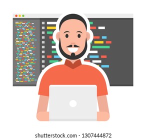 Man is working with laptop. Programmer coding a new project using laptop. Vector illustration.