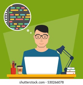 Man is working with laptop. Programmer coding a new project using laptop. Flat vector illustration.