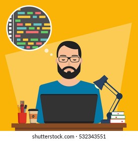 Man is working with laptop. Programmer coding a new project using laptop. Flat vector illustration.