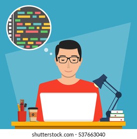 Man is working with laptop. Programmer coding a new project using laptop. Flat vector illustration.