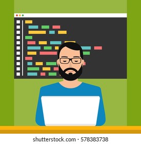 Man is working with laptop. Programmer coding a new project using laptop. Flat vector illustration.