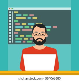 Man is working with laptop. Programmer coding a new project using laptop. Flat vector illustration.