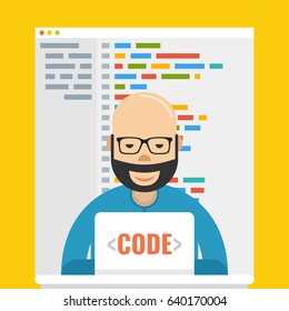 Man is working with laptop. Programmer coding a new project using laptop. Flat cartoon style. Vector illustration.