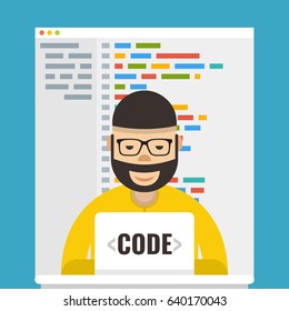 Man is working with laptop. Programmer coding a new project using laptop. Flat cartoon style. Vector illustration.