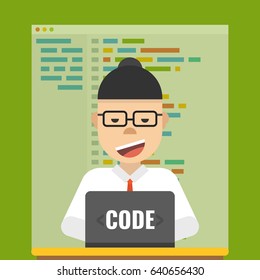 Man is working with laptop. Programmer coding a new project using laptop. Flat cartoon style. Vector illustration.