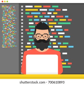 Man is working with laptop. Programmer coding a new project using laptop. Flat cartoon style. Vector illustration.
