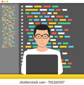 Man is working with laptop. Programmer coding a new project using laptop. Flat cartoon style. Vector illustration.