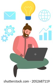Man working with laptop. Remote work, programming, online freelancing, business investments, profit growth. Businessman sits with digital technology, performs tasks. Company employee has idea