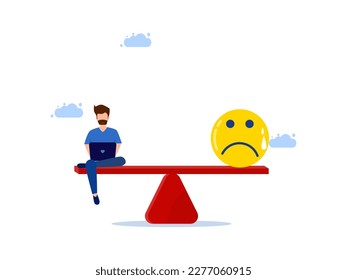 hombre trabajando con laptop y tristeza en la balanza. Perder el equilibrio entre el trabajo y las emociones negativas