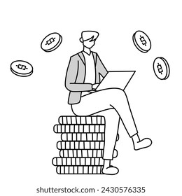 man working with laptop sitting on pile of coins, working to generate high income, doodle cartoon illustration