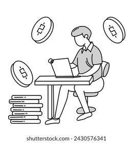 man working with laptop sitting on chair by table, work to generate high income, doodle cartoon illustration