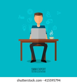 Man working with laptop . SMM expert  in working process . Line art icons . Flat vector working place illustration .