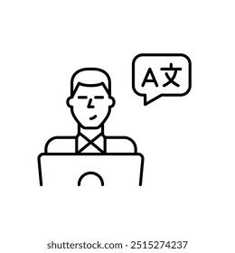 Hombre que trabaja en el ordenador portátil y la burbuja del discurso con la letra latina del alfabeto y el carácter chino. Traducción en línea, Asistencia de interpretación de idiomas. Icono de Vector perfecto de píxeles