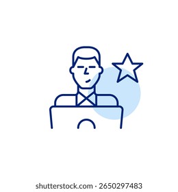 Man working at laptop and star. Premium user access, featured employee. Award-winning work. Pixel perfect, editable stroke vector icon