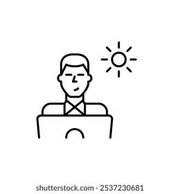 Man working at laptop and sun. Daily flexible hours for remote workers. Pixel perfect, editable stroke icon