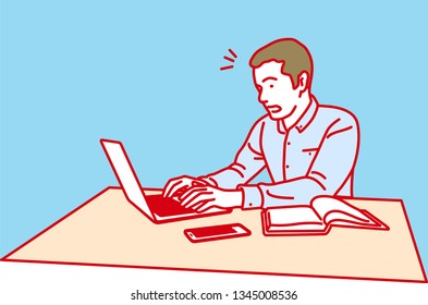 Man working with laptop  Surprise,  Vector illustration