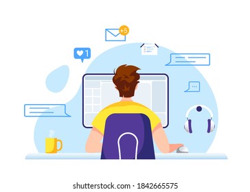 Man working with laptop at the table. Freelance, work at home, online job, office, workplace, e-learning concept. Isolated vector illustration for poster, banner, advertising.