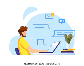 Man working with laptop at the table. Freelance, work at home, online job, office, workplace, e-learning concept. Isolated vector illustration for poster, banner, advertising.