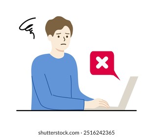 Homem trabalhando com laptop com problema de erro técnico. Tecnologia, manutenção de site, problemas, internet, conceito de falha. Ilustração de design de vetor de caractere plano.