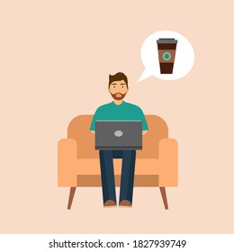 Man working with laptop and thinking of ice cappuccino. Coffee time or coffee break concept vector illustration. 