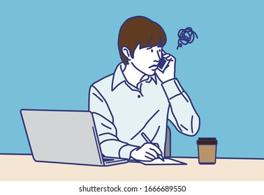 Man working with laptop  Troubled,   Vector illustration