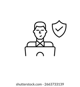 Hombre trabajando en la computadora portátil. Protección de la privacidad del usuario. Garantía de ciberseguridad, manejo seguro de datos. Icono de Vector de trazo perfecto y editable
