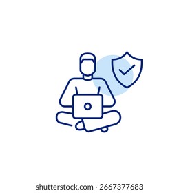 Man working at laptop. User privacy protection. Verified user security, trusted remote work, secure digital access, approved device use. Pixel perfect, editable stroke vector icon