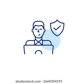 Man working at laptop. User privacy protection. Cybersecurity assurance, safe data handling. Pixel perfect, editable stroke vector icon