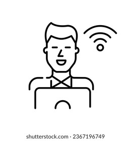 Man working at laptop using wifi. Remote work. Pixel perfect, editable stroke