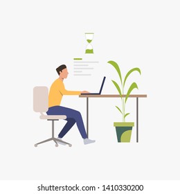 Man working at laptop vector illustration. Office employee, freelancer, sandglass. Business concept. Illustration can be used for topics like workplace, timing, schedule, deadline