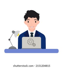Man working with laptop. Vector illustration.
