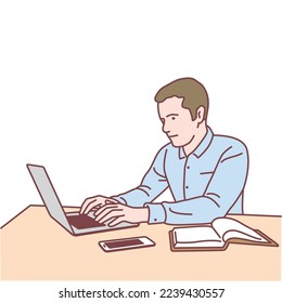 Man working with laptop , Vector illustration.
Freelance man working on  Remote Work with Personal Computer.