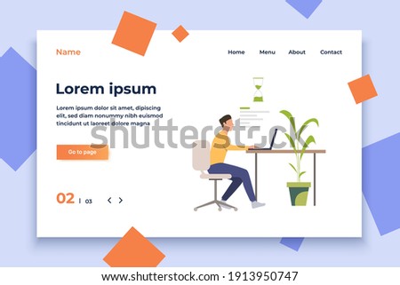 Man working at laptop vector illustration. Office employee, freelancer, sandglass. Business concept. Illustration can be used for topics like workplace, timing, schedule, deadline