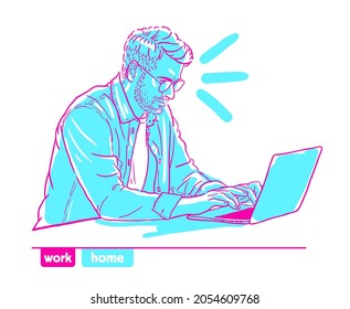 man working at laptop vector sketch pink and blue